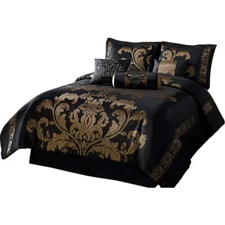 Chezmoi Collection Bett-in-a-Bag Jacquard Floral Bett-in-a-Bag California King 7-teilig Schwarz/Gold