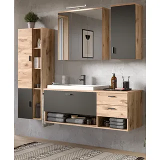 Badmöbel Set "Oderzo" 5-tlg. Eiche grau Komplett-Set mit Waschbecken, Soft-Close - Braun, Grau, Naturbelassen