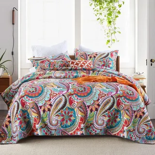 Qucover Tagesdecke Bunt 240x260cm aus Baumwolle, Boho Bettüberwurf XXL für Doppelbett, Ganzjährige Gesteppte Decken Set mit 2 Kissenbezüge, Große Sofaüberwurf Paisley Muster