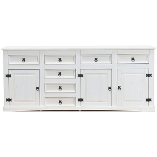 VCM Ebuy24, Kommode - Sideboard mit 7 Schubladen und 3 Türen Breite 200 cm, Höhe 84 cm weiss/gewachst.