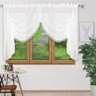 FKL DESIGN Home Deco Schöne Fertiggardine Fenstergardine Gardine aus Voile mit Faltenband Kräuselband Store Kurz Modern Fenster Weiß Gipüre LB-11 (150 x 400 cm)