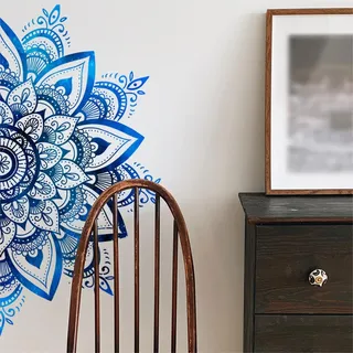 WandSticker4U®- Wandtattoo MANDALA blau (78x40 cm) I Wandsticker Boho Blumen Mandala Lotus indisch orientalisch I Wand Aufkleber Wohnzimmer Schlafzimmer Yoga Studio Küche Flur Deko Retro