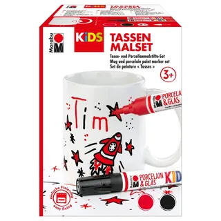 Marabu 0125000000102 - KiDS Porcelain & Glas Painter, Tassen Malset Tim, Kreativset für Jungen mit einer weißen Tasse und 2 Porzellanmalstiften in rot und schwarz