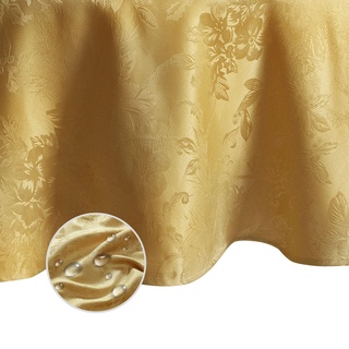 Elrene Home Fashions Poinsettia Elegance Jacquard Holiday Tablecloth, 90" Round, Gold