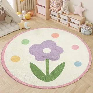 AIMECO Kleiner Kinderteppich Rund 80CM Lila Blumen - Weicher Kuscheliger Teppich für Kinderzimmer Mädchen Schlafzimmer, Dünn & Pflegeleicht
