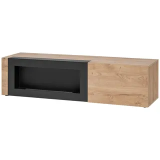 Wohnwand ARON mit Rillenfront und Bio Ethanol Kamin LED und Push - Click - Eiche Ribbeck, Schwarz - 320 cm X 192 cm X 45 cm