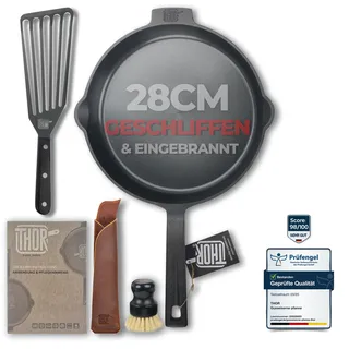 THOR® Gusseisenpfanne Induktion 28cm inkl. Zubehör - geschliffene Oberflächen I Bratpfanne Induktion, Gusseiserne Pfanne, Cast Iron Pan, Gusspfanne Grill, Eisenpfanne, Pfanne Gusseisen