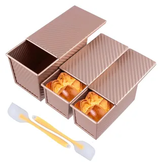 CHUENKUK 3 Stücke 2 Größe Toastbrot Backform mit Deckel, 20,6 x 11,9cm und 18,7 x 9,3cm Roségold Kastenform Kuchen mit Teigschaber, Brotbackform für Toast und Kuchen