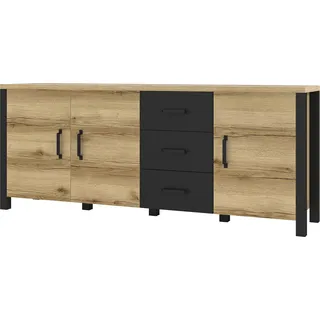 Furniture24 Sideboard OLIN 47 Kommode 192 cm breit mit 3 Türen 3 Schubladen Grand Eiche natur/Schwarz matt - Braun