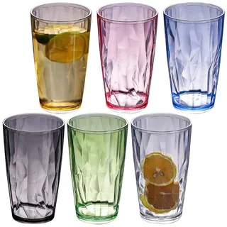 PRITOK Trinkgläser Wassergläser Set Kunststoffbecher Bunt 6 PCS 470ml Wassergläser Trinkgläser Saftgläser, Kristallglas-Optik Saftgläser Wiederverwendbar Trinkglas für Daheim, Camping, Partys