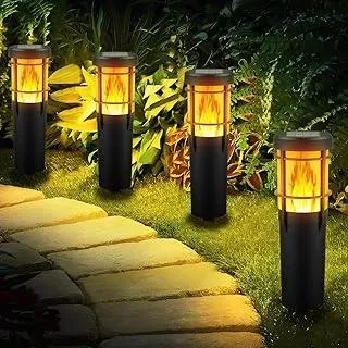 Solarlampen für Außen 4 Stück Solarfackeln mit Realistischer Flammeneffekt RGBW Solarleuchten mit 2 Beleuchtungsmodi IP65 Wasserdicht Gartenfackeln für Garten Terrasse Weg Weihnachten Deko