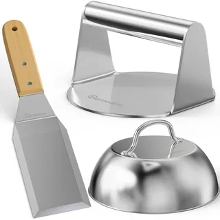 Warmodern Edelstahl Burgerpresse Set 3-TLG für Leckere Hamburger, Pattie | 1x Smash Burger Press, 1x Burgerglocke, 1x Wender, Professionelles Smash Presse Grillzubehör