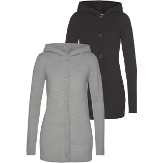 Kapuzenstrickjacke FLASHLIGHTS, Damen, Gr. 48/50, grau (grau, meliert), Feinstrick, Obermaterial: 50% Baumwolle, 50% Polyacryl, unifarben, Basic, figurumspielend hüftbedeckend, Rippbündchen, Strickjacken Kapuzenstrickjacke, zum Knöpfen - im Set, Topseller