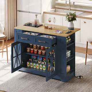 Flieks Servierwagen mit klappbarer Arbeitsplatte, Küchenwagen mit AC-Anschluss und USB-Anschluss, Küchenschrank mit Glastüren, Blau - Blau