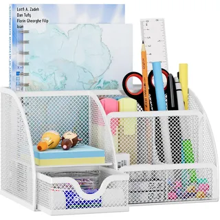 EasyPAG 7 Fächer Metall Schreibtisch Organizer Stiftehalter Stiftköcher Vielseitig Utensilienschalen Büro Organisation Zubehör Ablage mit Schublade,Weiß