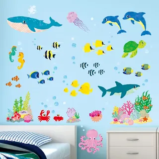 DECOWALL BA-2014S Unter dem Meer Wandaufkleber Wandtattoo (klein) Kinder zum Abziehen Aufkleben, Kinderzimmer, abnehmbar, Zimmer, Tier, Fisch, Badezimmer, Baby Delphin bunter tropischer Fischhai