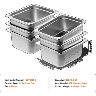 Dampftisch-Set, aus 201 Edelstahl, mit mehreren Fassungsvolumen-Optionen , 6 Stück 9,8 Liter