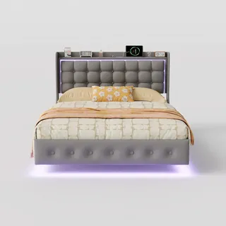 EuroLiving Polsterbett 140x200 cm Schwebebett mit LED & Usb, Samtstoff Grau Doppelbett mit Lattenrost , Metall , 140x200 cm , Schlafzimmer, Betten, Polsterbetten