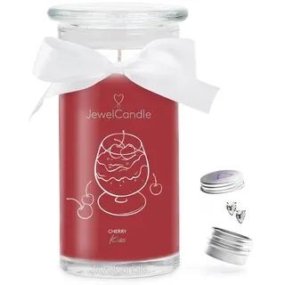 JuwelKerze Cherry Kiss Ohrringe Silber - Schmuckkerze 80 Std - große Duftkerze im Glas mit fruchtigem Duft - Kerze mit Schmuck - Geschenke für Frauen