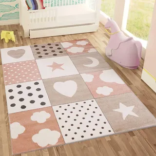 Kinderteppiche Patchwork Herz Sterne Wolke | Kinderteppich für Mädchen und Jungs | Teppich für Kinderzimmer | Farbe: Blau, Grau & Rosa | Schadstofffrei Kinderzimmerteppich (Rosa, Ø 150 cm Rund)