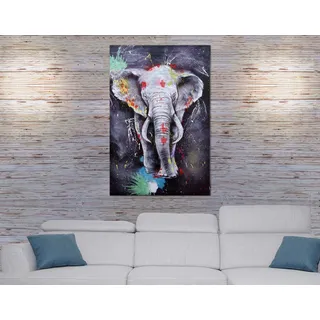 Ölgemälde Elefant HWC-H25, Leinwandbild Wandgemälde Gemälde, handgemaltes XL Wandbild ~ 120x80cm