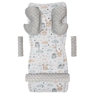 Medi Partners Sitzauflage Kinderwagen Buggy Baby Sommer Kindersitz Einlage Universal - 5tgl Gurtpolster + Spielbogen Kinderwagenset Babyschale (Lichtung mit grauem Minky)