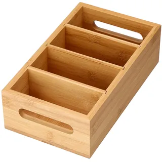 OGANAZI Küche Gewürzbehälter Bambus Gewürz Organizer, 4 Fächern 26x15x7,9cm | Tragbar Aufbewahrungsbox mit Tragegriff für Suppentüten, Saucenbeutel, Backpulver, Teebeutel für Picknick, Camping, Grillen