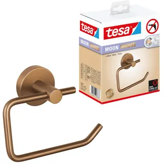 tesa Moon Bronze Toilettenpapierhalter in gebürsteter Bronze - Selbstklebender Rollenhalter ohne Deckel, aus PVD-beschichtetem Metall - ohne Bohren, inkl. Klebelösung - 140mm x 99mm x 53mm