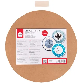 Rayher 62423000 MDF Platte mit Loch 30 cm ø, Uhrenplatte, runde Holzplatte für Wanduhr, mit Loch 1,1 cm ø, mit Abstandshaltern, Uhr basteln, Braun