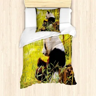ABAKUHAUS Panda Bettbezug Set, Großer Panda Sitzender Wald, Der Bambusbaum Stamm Laub Wildnis Bild Druck Isst, 135 x 200 cm + 80 x 80 cm, Grün Schwarz - Grün, Schwarz