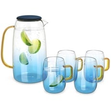 Navaris Wasserkaraffe 1,55 l mit Vier Gläsern - Karaffe aus Glas mit Silikondeckel für kalte und heiße Getränke - Glaskrug Set inkl. Vier Gläser