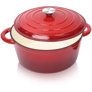 Ø28cm Emaille Gusseisen Schmortopf mit Deckel,Dutch Oven Gusseisen Bräter für alle Herdarten und Induktion, GusseisenTopf Brot Backen, Brotbacktopf, Brotbackset Zubehör, Rund,Rot,5,7L