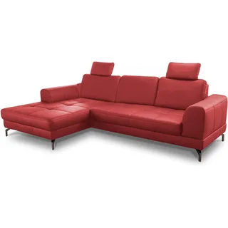 CAVADORE Ledergarnitur Benda / Großes Ecksofa mit XL-Longchair links & Federkern / Inkl. Sitztiefenverstellung & Kopfstützen / 284 x 87 x 175 / Echtleder: Rot