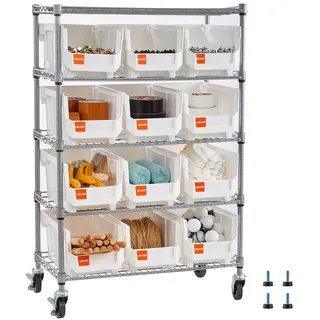 VEVOR Standregal, Lagerregal mit 5 Ebenen & 12 Stapelboxen, Regalsystem mit Rollen, mobile Werkzeugaufbewahrung für Garage, Lager, Büro, Restaurant, Klassenzimmer, Küche