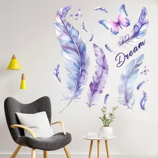 Wandtattoo Feder, Wandsticker Schmetterling Lila Violett, Wandtattoo Selbstklebend, Wandaufkleber für Wohnzimmer Schlafzimmer Sofa Hintergrund Wanddekoration