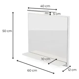 Badspiegel mit Beleuchtung Weiß H:50 x B:60 cm - Bathroom Mirror IP44 - Badezimmer Spiegel Rechteckig mit Ablage und LED 4000K - Wandspiegel mit Regal - Weiß