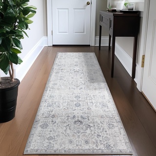 TOPICK Läufer 60x210cm Grau Teppiche Vintage Teppichläufer Flur Retro Faltbar Dünner Waschbar Teppich Multi Floral Boho rutschfeste für Innenbereich Badezimmer Küche Schlafzimmer Wohnzimmer