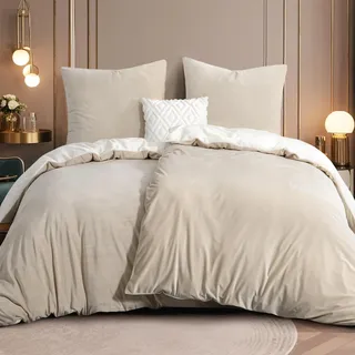 RUIKASI Flanell Bettwäsche 135 x 200 4teilig Beige - Weiß Warm Winter Bettwäsche Kuschel Plüsch Fleece Bettbezug Sets mit 2 Kissenbezüge 80x80cm Wendebettwäsche Bedding