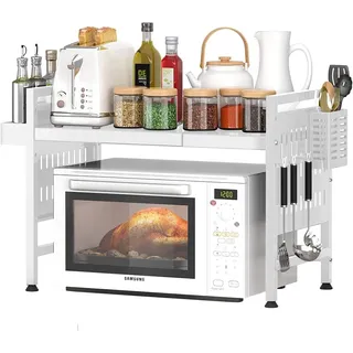 Shally Dogan Ausziehbares Regal für Mikrowelle aus Stahl mit Ablage, Organizer mit Gewürzregal und Besteckhalter für die Küche, Schrank mit rutschfesten Füßen (weiß)