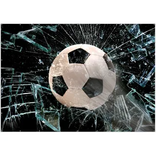 Wallario XXL Outdoor-Poster für Garten oder Balkon, Motiv Fußball - im Fenster, Splitter und Glas, in ca. 400 x 280 cm - Schwarz