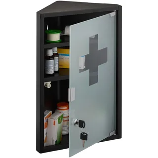 Relaxdays Medizinschrank, 3 Fächer, HBT: 45 x 30 x 17,5 cm, abschließbar, Stahl, Glastür, Eck Apothekenschrank, schwarz