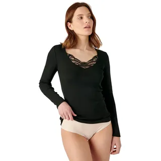 Damart Damen Langarm-Shirt mit Guipure-Spitze, Wärmegrad Medium 3. Unterwäsche, Schwarz, M