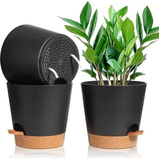 T4U 20cm Selbstbewässerung Blumentopf 3er-Set Schwarz mit Untersetzer - Schwarz