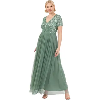 Maya Deluxe Damen Ballkleid Abendkleid V-Ausschnitt Maxi Länge Pailletten Kurze Ärmel für Hochzeit Geburtstag Brautjungfer Brautjungfernkleid, Tiefes Minzgrün, 42