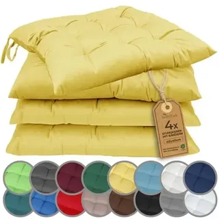 NatureMark 4er Set Stuhlkissen mit Bändern 40x40 cm – Gefüllte Sitzkissen, Outdoor & Indoor – Gelb
