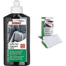 SONAX 291141 Leder-Pflege-Lotion, 250 ml & Microfasertuch für Polster, Textil und Leder zur fusselfreien Fahrzeuginnenreinigung (40x40 cm), bei 60°C waschbar | Art-Nr. 04168000