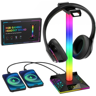 Hcman Headset Halterung Gaming Kopfhörer Ständer RGB Kopfhörer Halter mit 2 USB Anschlüssen, LED Headphone Stand Kopfhörerständer für PC Gamer, Schwarz