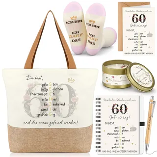 Hestya 60. Geburtstag Geschenk für Frauen mit Einkaufstasche & Accessoires | Inklusive Socken, Sojawachskerze ohne Duft, Notizbuch, Kugelschreiber und Grußkarte, Geschenkidee für Damen zum 60 Geburtstag