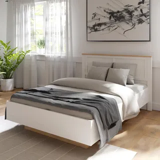 Forte Bohol Bett 160, Landhausstil Bett mit Lattenrost, Holzwerkstoff, Riviera Eiche/Sibiu Lärche Hell Dekor, 156,2 cm breit, 102,9 cm hoch, 206,4 cm tief