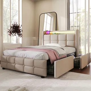 Flieks Polsterbett 90x200cm mit USB und Steckdosen, Jugendbett Einzelbett mit 2 Schubladen, Stauraumbett Massivholzbett mit LED und Lattenrost, Leinen, Beige - Beige